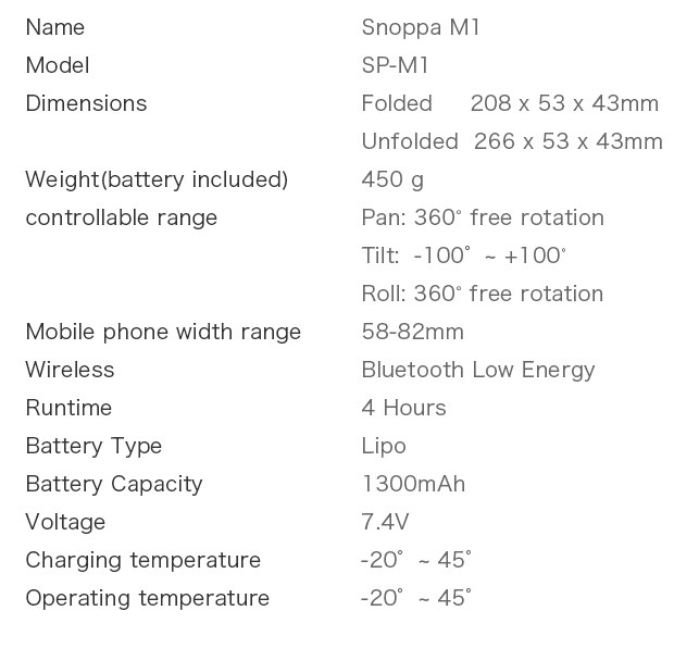 Snoppa M1 technical specification